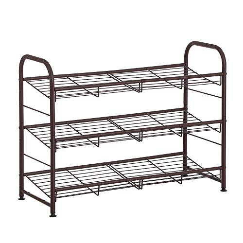 SONGMICS Shoe Rack, 3 Tier Shoe Organizer for Closet, Holds up to 12 Pairs of Shoes, Shoe Rack for Front Door Entrance, Metal Shoe Shelf with Adjustable Tilt Angle, for Entryway, Garage, Bronze