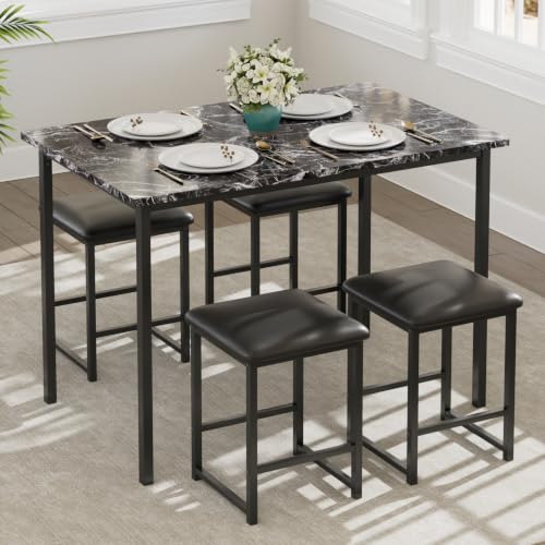 5-Piece Dining Table Set for 4, Marble Top Table with Faux Leather Stools
