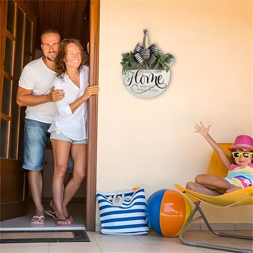 Welcome Sign for Front Door, 12-Inch Round Rustic Wooden Door Hanger Decor