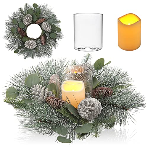 DILATATA 18-Inch Christmas Wreath with Flameless Candles & Glass Holder - Rustic Holiday Centerpiece, Detachable Design, Artificial Evergreen Decor (Variation #2)