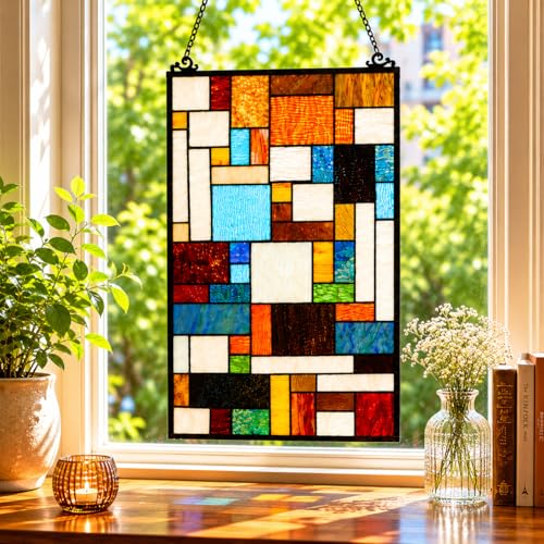 Geometric Color Block Tiffany-Style Stained Glass Window Panel 13x24