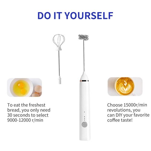 Milk Frother, Rechargeable hand-Held Electric Milk Frother 3 Adjustable USB Charging Can Be Used forBulletproof Coffee Protein Drinks Matcha Coffee Whisk (White)