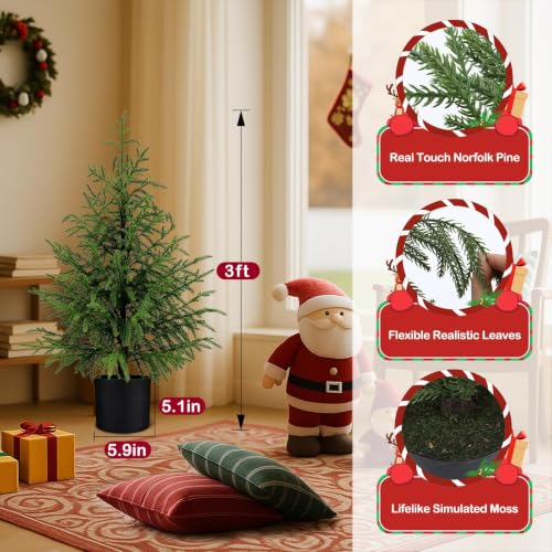 Enven 3ft Norfolk Pine Artificial Christmas Tree with 50 LED Lights & 8 Modes - Potted Holiday Decor (Single Pack)
