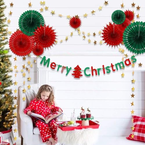 Decor365 Christmas Red Green Gold Star Garlands & Fans Holiday Party Decor