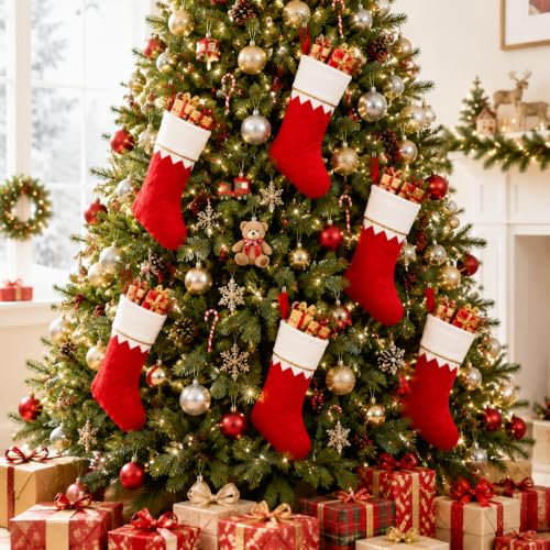 Christmas Stockings Bulk 24 Pack, 15-Inch Red Felt Santa Stockings for Fireplace