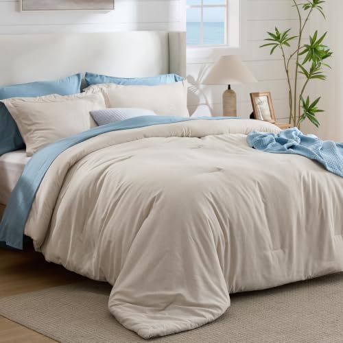 Queen Comforter Set - 3-Piece Soft All-Season Beige Bed Set with Pillow Shams