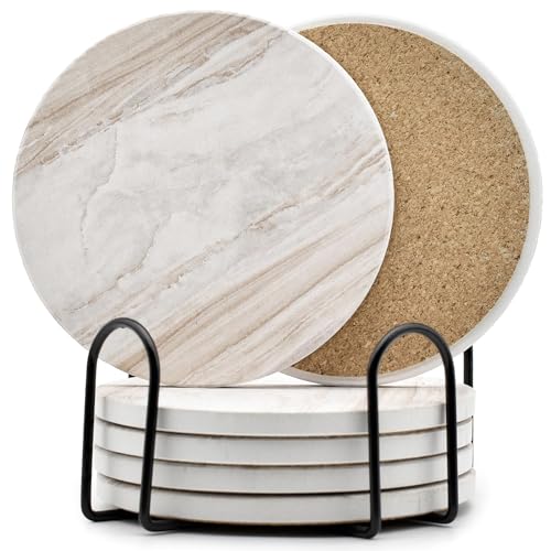 Absorbent Ceramic Drink Coasters Set with Holder - 6 Pack Marble Style