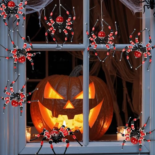 Reallnaive 8 pcs Red & Black Beaded Spider Halloween Hanging Ornaments