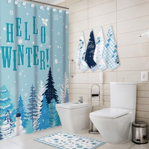 Blue Christmas Shower Curtain Set with Hooks Towels Rug - Let It Snow