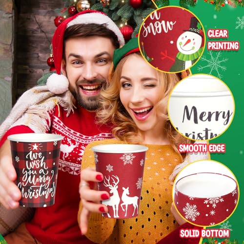 200 Pcs Christmas Paper Cups with Lids - 12 oz Snowflake Snowman Elk Design
