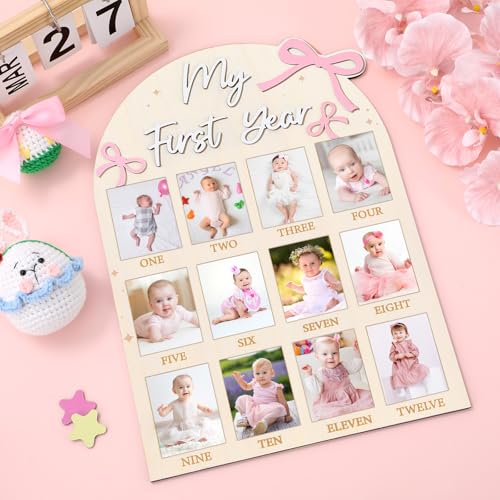 Pink Bow Baby First Year Photo Board - 12 Monthly Milestone Wooden Frame