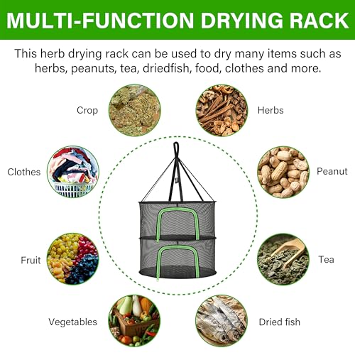 iPower Herb Drying Rack 2-Layer 2ft Hanging Mesh Net Dryer Collapsible with U-Shape Zippers, Pothook, Carabiner and Storage Bag, for Hydroponics Plants, Fruits, Seafoods, Clothes, 2 Packs