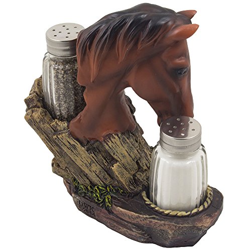 Chestnut Resin Horse Shaker Set - 3 Pieces, Glass Salt & Pepper, Western Ranch Decor