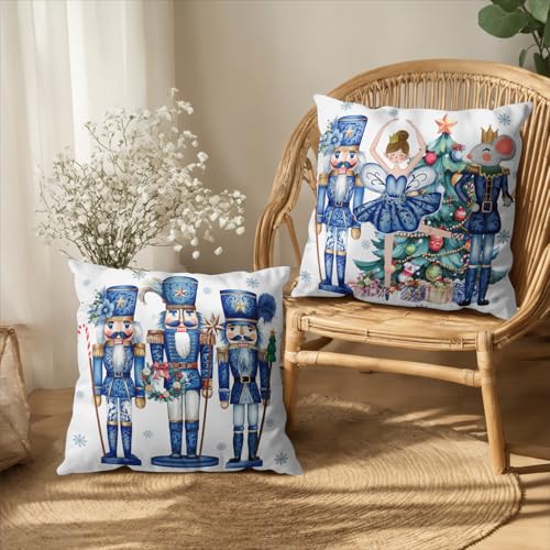 Wnoesat 22x22 Inch Chinoiserie Christmas Pillow Cover Set of 2 Double-Sided Blue Holiday Decor