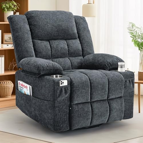360° Swivel Rocking Recliner with Massage and Heating, Dark Gray Fabric
