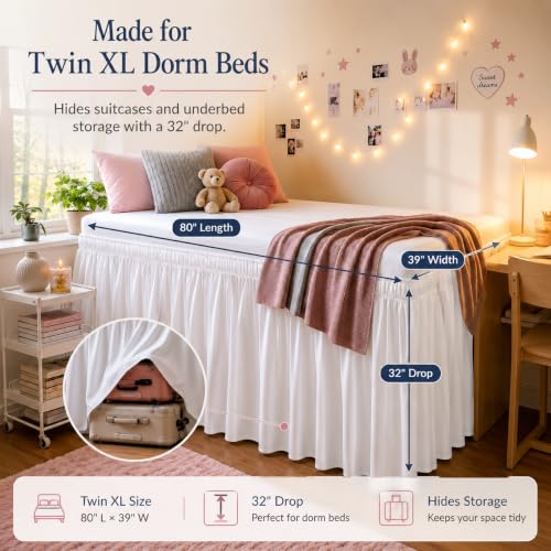 Twin XL Bed Skirt 32 Inch Drop - Soft Microfiber Elastic Wrap Around Dust Ruffle