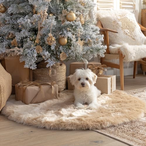 AOGU 48 Inch Beige Faux Fur Christmas Tree Skirt Plush Holiday Decoration