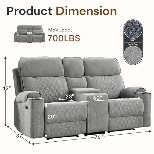 Power Reclining Loveseat Sofa with USB Charging, Cup Holders & Storage, Grey