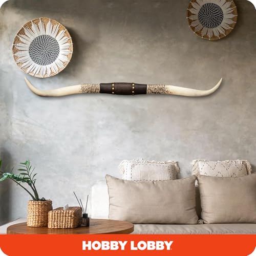 40-Inch Resin Longhorn Wall Decor with Floral Embossed Leather Strap