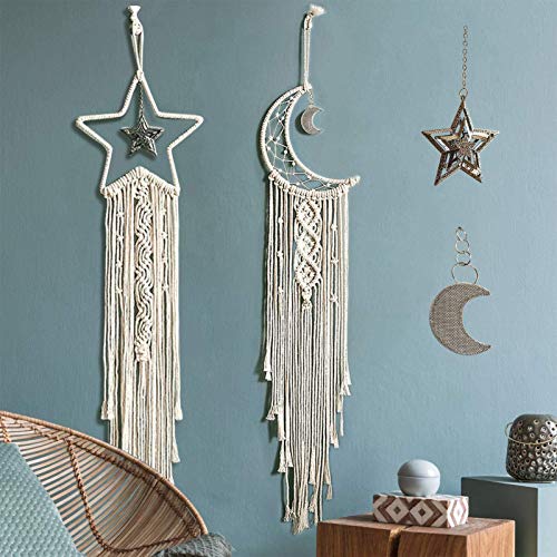 2-Piece Moon and Star Macrame Dream Catcher Wall Hanging Decor