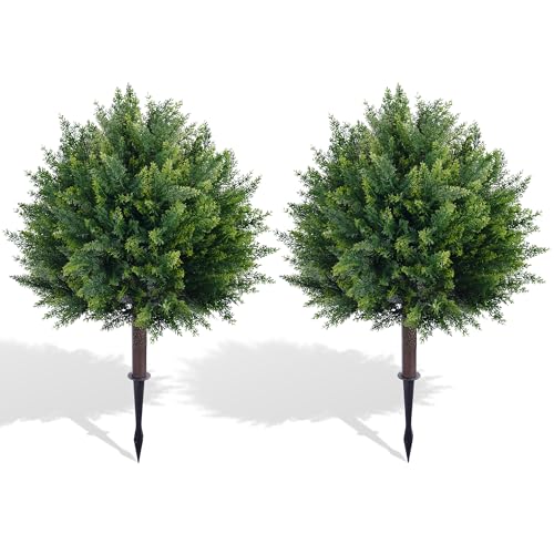 27.6-Inch Artificial Cedar Topiary Trees, UV Resistant Faux Pine Shrubs (Set of 2)