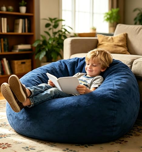 3ft Faux Fur Memory Foam Bean Bag Chair for Kids and Teens, Dark Blue