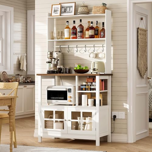Farmhouse Bakers Rack with Power Outlets, Coffee Bar Cabinet & Hutch
