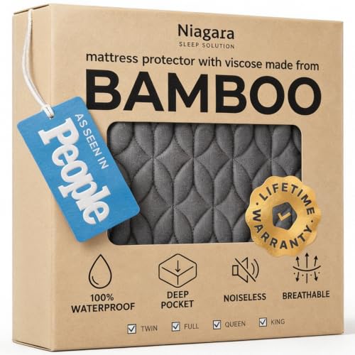 Queen Bamboo Cooling Mattress Protector - Gray, 100% Waterproof Deep Pocket