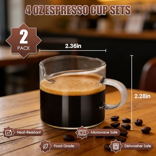 4oz Double Spouts Espresso Shot Cups Set of 2 - Clear Glass Coffee Mugs with Handle