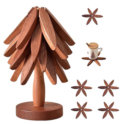 Fuijeuj Wooden Tree Trivet Set - Christmas Tree Design, 4-Piece Kitchen Hot Dish Coasters, Gift for Women