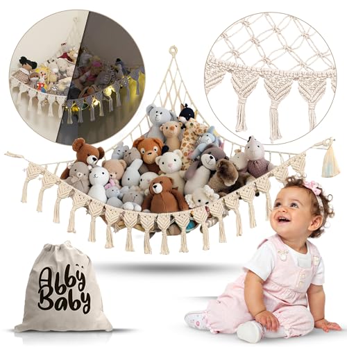 Extra Large Macrame Stuffed Animal Hammock with LED Lights, Cotton Toy Net
