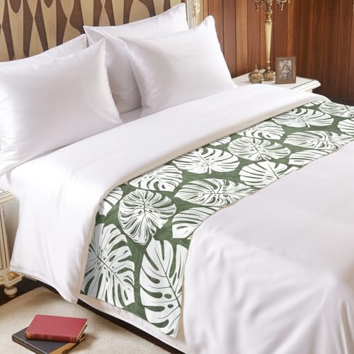 Tropical Palm Leaf Bed Runner - Satin Decorative Scarf for Twin Beds, 71x20"