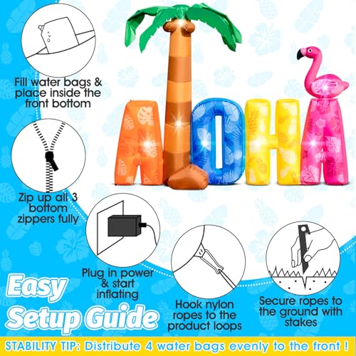 7FT Inflatable Aloha Sign with Palm Tree & Flamingo, LED Luau Party Decor