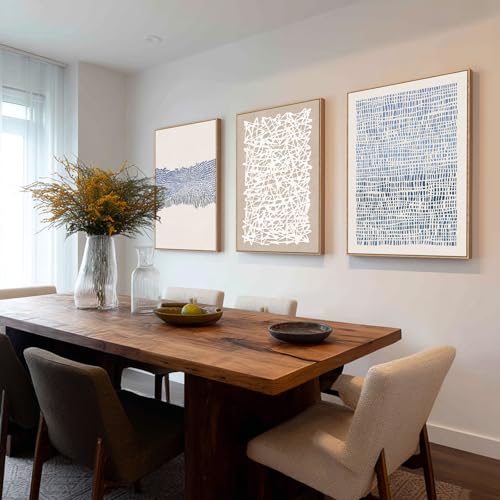 3-Panel Abstract Boho Wall Art Set - Blue & Neutral Modern Canvas Prints