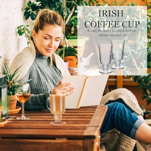 Set of 6 Clear Glass Irish Coffee Mugs 8.45 Oz with Handle & Footed Base