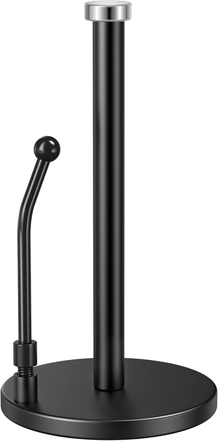 SMARTAKE Paper Towel Holder - Weighted Non-Slip Dispenser with Spring Arm for Most Roll Sizes - Black Stainless Steel