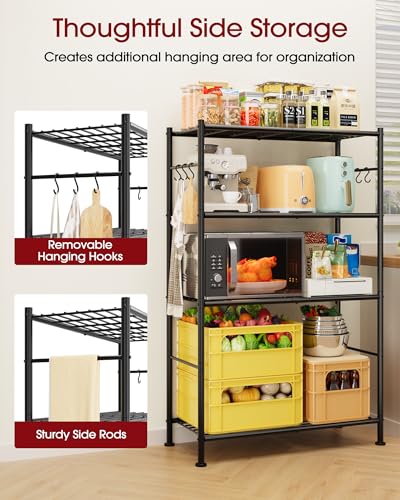4-Tier Metal Storage Shelving Unit with Hooks and Leveling Feet