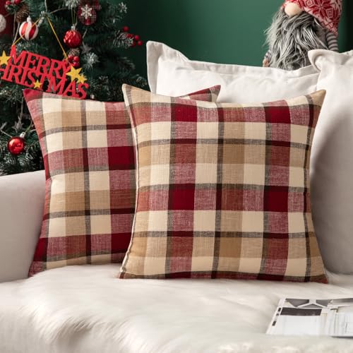 MIULEE Christmas Plaid Pillow Covers 18x18 Inches Pack of 2 Red & Tan Holiday Decor