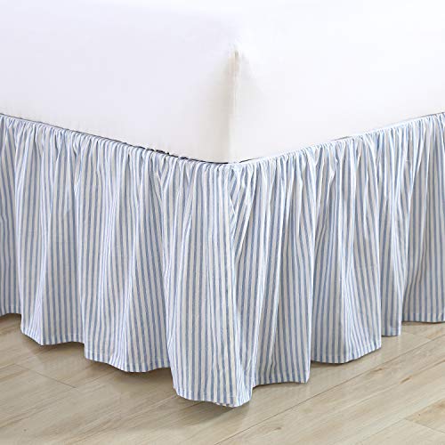 Queen Bedskirt 100% Cotton with 14.5" Drop - Classic Ticking Blue Stripe
