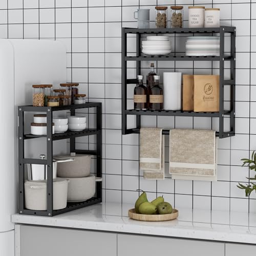 PPN Adjustable Bamboo Bathroom Wall Shelf with Towel Bar - Black Floating Rack