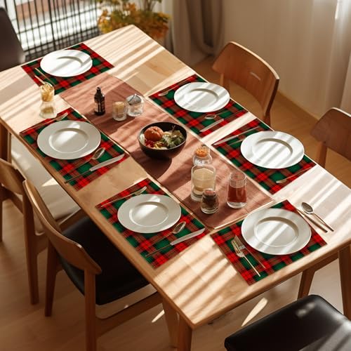 Christmas Plaid Placemats Set of 6 - Washable 12x18 Inch Linen Table Mats, Green & Red Holiday Decor