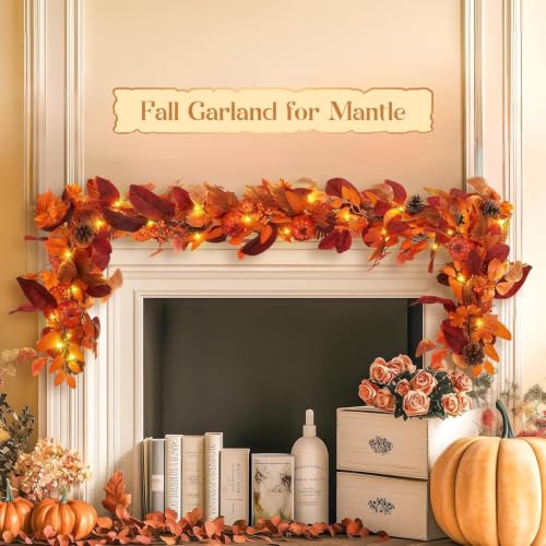 9ft Lighted Fall Garland with Timer, Autumn Maple Leaves & Pumpkins