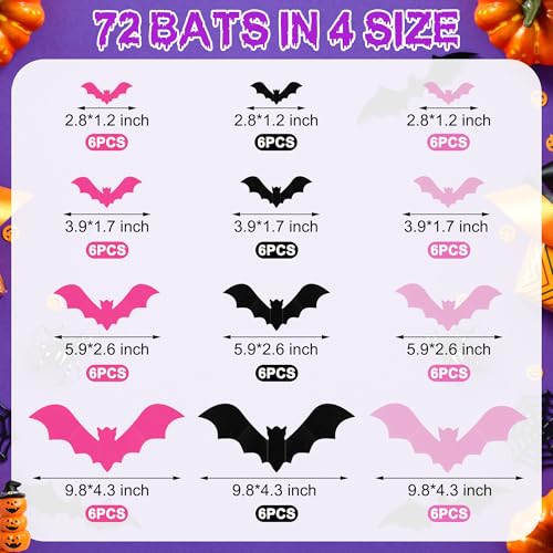 72 Pcs 3D Halloween Bat Wall Decor Stickers - Realistic PVC Bats