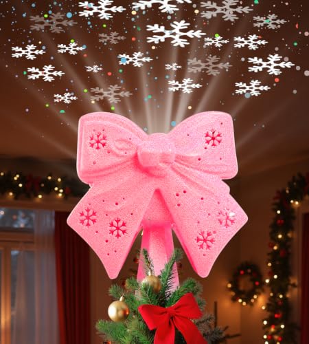 Tenmiro Pink Bow Christmas Tree Topper with 360° Snowflake Projection - Plug-In LED Decor