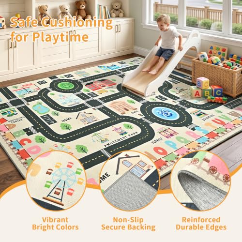 4'x6' Kids Road Play Rug - Washable Non-Slip City Town Traffic Playmat