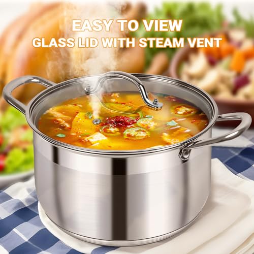 8-Quart Stainless Steel Stock Pot with Glass Lid - 5-Layer Induction Base