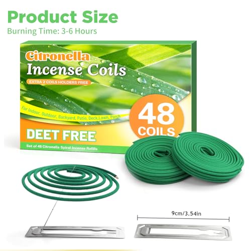 Citronella Incense Coils 48-Pack with 2 Holders for Outdoor Patio & Camping