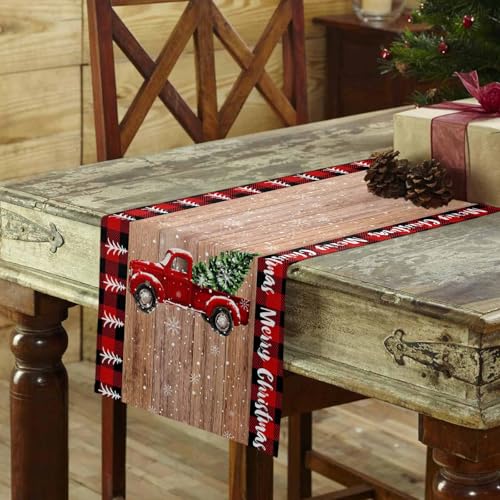 PIEPLE Christmas Red Truck Table Runner 13x36 Inch Farmhouse Holiday Decor