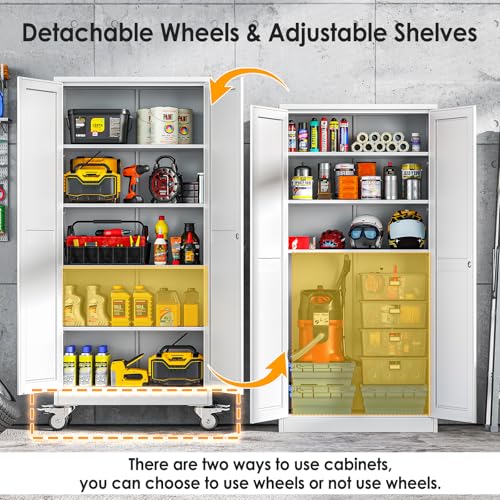 71-Inch Tall Metal Storage Cabinet with Wheels and Adjustable Shelves, White