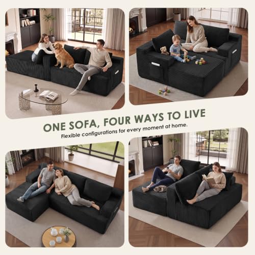96" Modular Sectional Sofa with Chaise, Corduroy Upholstered Living Room Couch